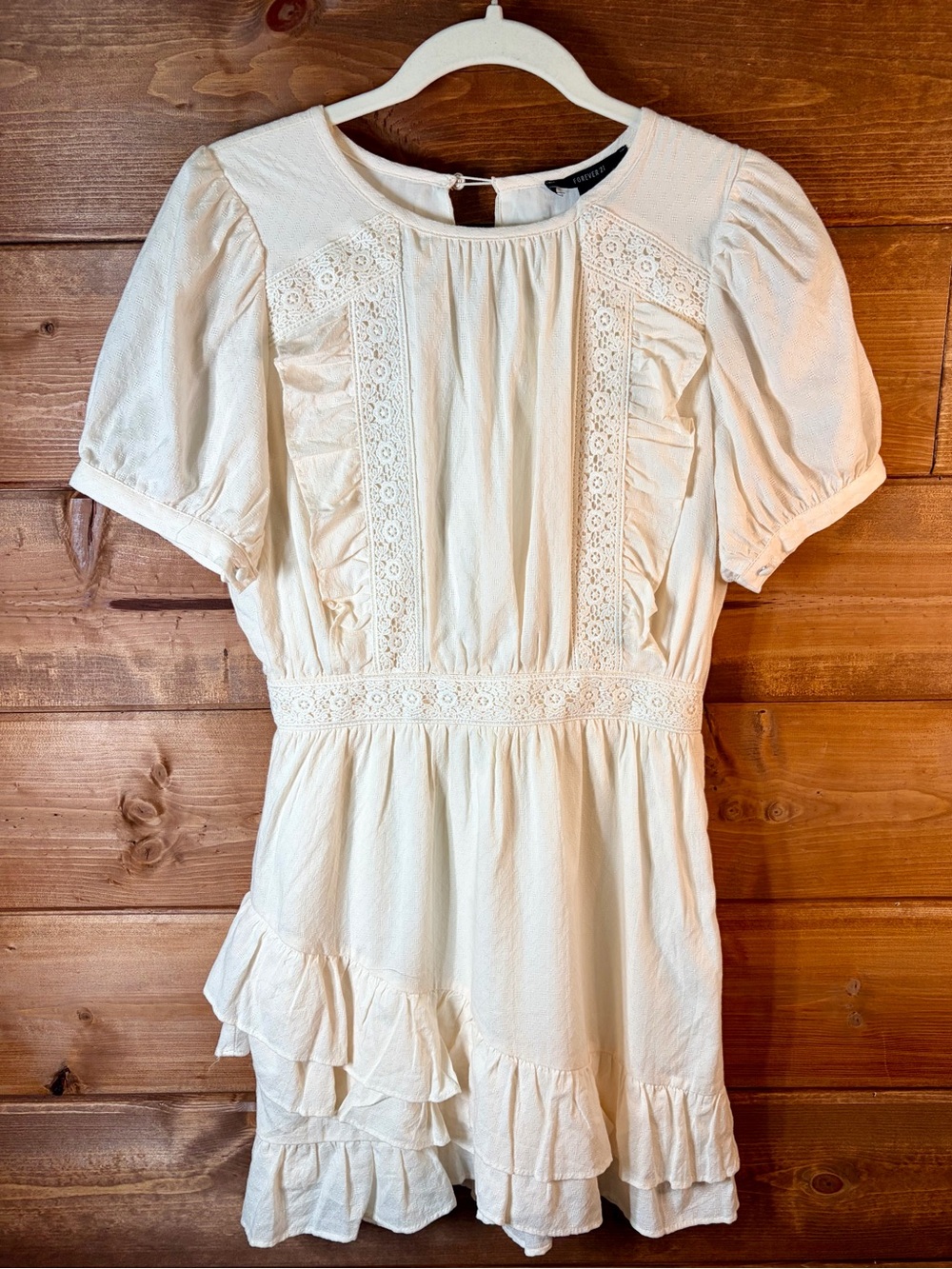 Forever 21 Cream Cottagecore Lace Ruffle Puff Sleeve Mini Dress Size Small 💕🌸
